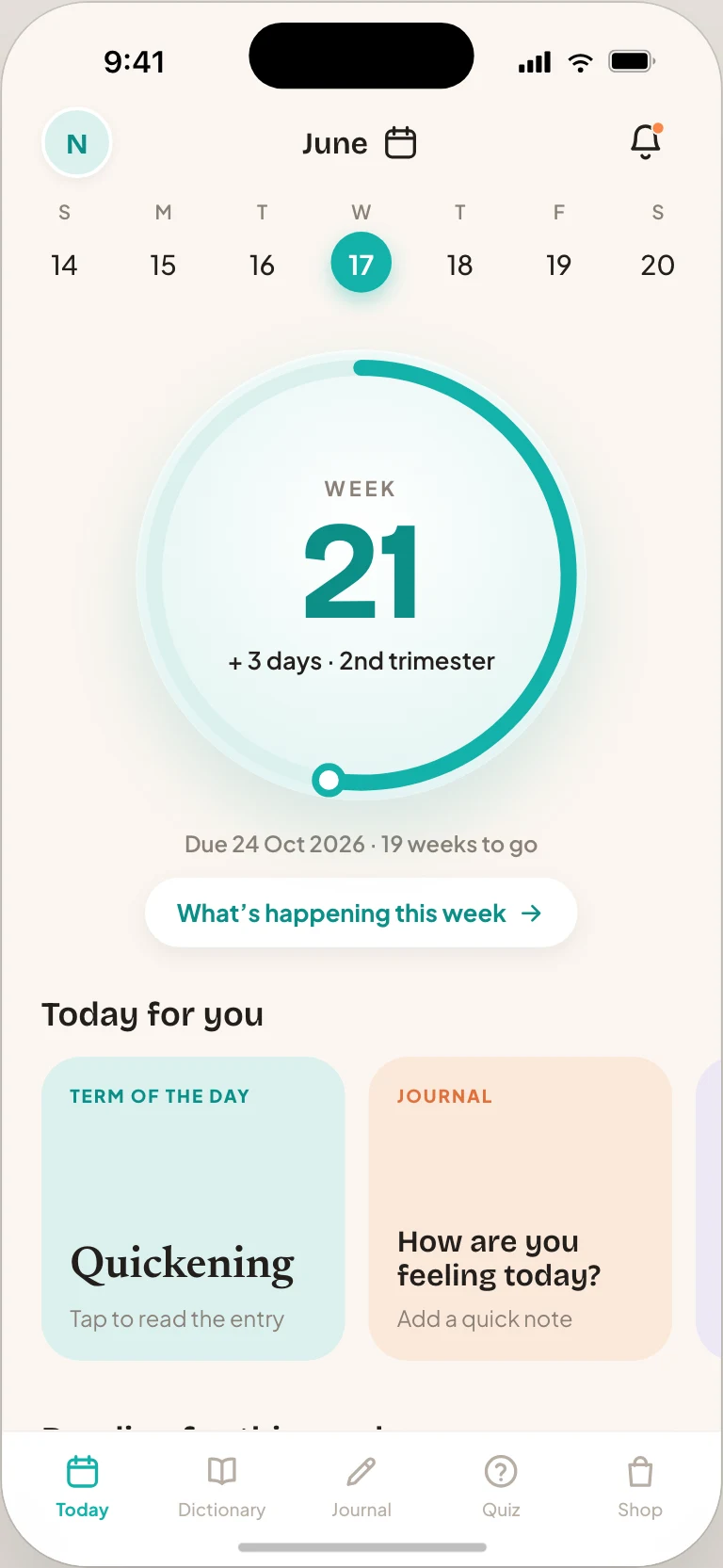 Pregtionary Today screen showing Week 21 and the Quickening word of the week