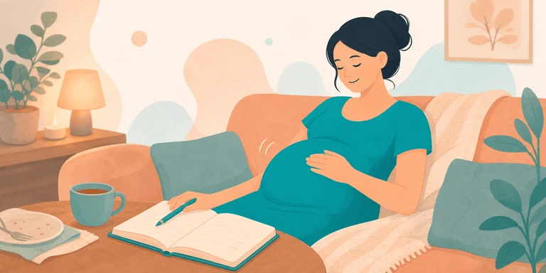 Expecting parent writing in a journal at home